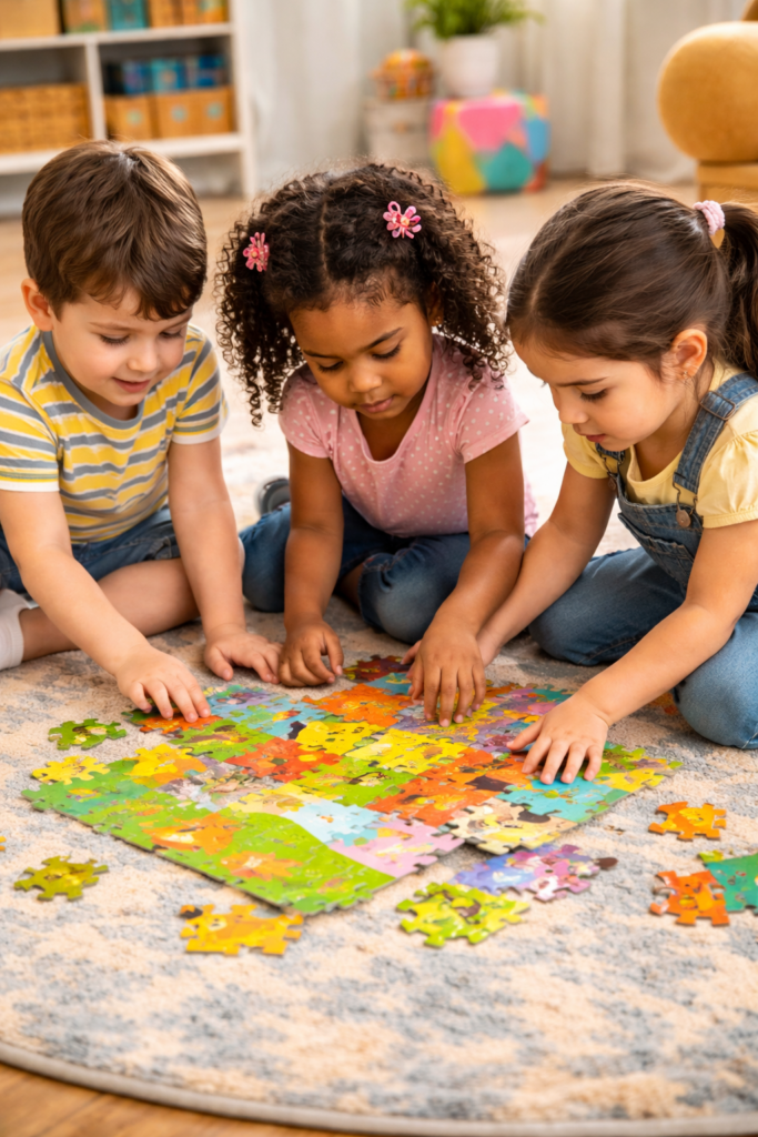 children assembling a colorful puzzle