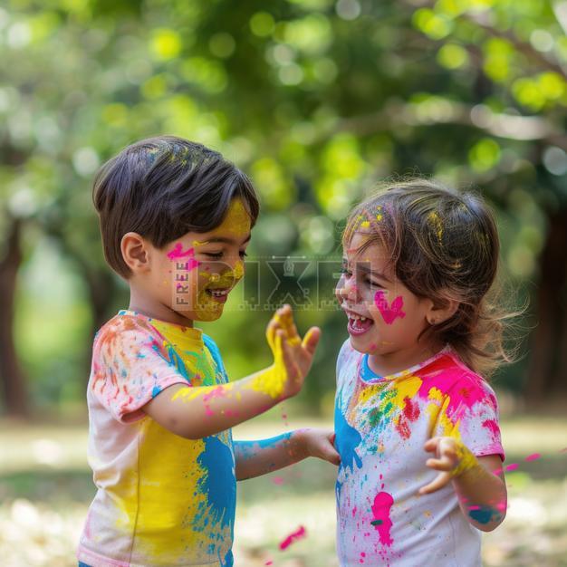 free photos happy holi celebration concept two young children happily playing with paint smearing color on the preview 1004177486