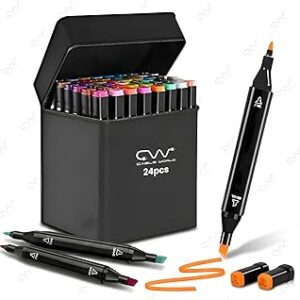 click to see full view cable world dual tips 24 colors markers set, art markers for adult coloring books, artist drawing sketch markers set with fine & brush tip (24 pcs)